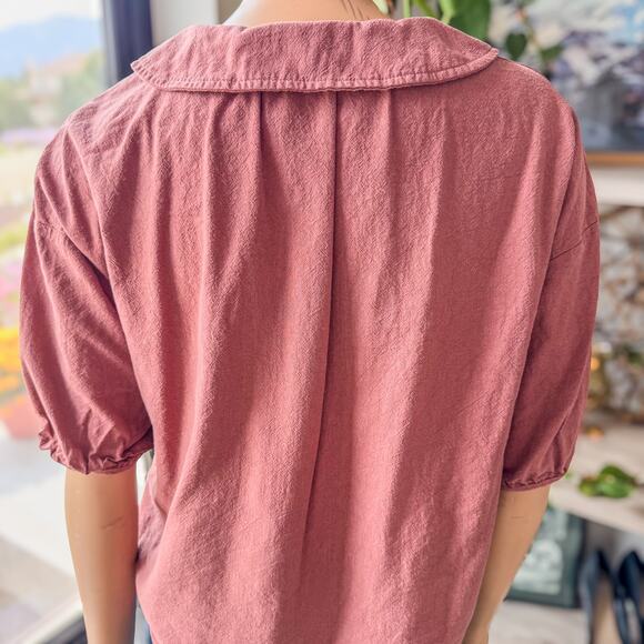 Dazy, Women's Medium, Solid Button Front Shirt Bishop Sleeves, Rusty Brown Rose - Picture 5 of 8